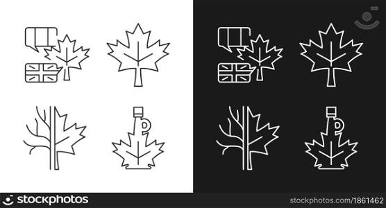 Maple leaf significance linear icons set for dark and light mode. National emblem of Canada. Maple leaf symbol. Customizable thin line symbols. Isolated vector outline illustrations. Editable stroke. Maple leaf significance linear icons set for dark and light modes set