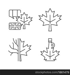 Maple leaf significance linear icons set. National emblem of Canada. Maple leaf symbol. Customizable thin line contour symbols. Isolated vector outline illustrations. Editable stroke. Maple leaf significance linear icons set