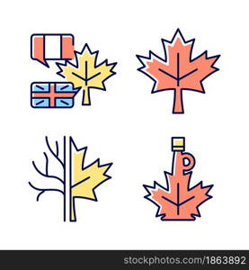 Maple leaf significance RGB color icons set. National emblem of Canada. Historic maple leaf symbol. Bilingual country. Isolated vector illustrations. Simple filled line drawings collection. Maple leaf significance RGB color icons set