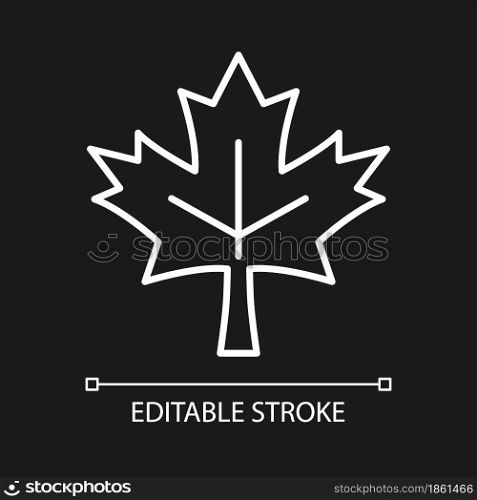 Maple leaf white linear icon for dark theme. Central element of canadian national flag. Thin line customizable illustration. Isolated vector contour symbol for night mode. Editable stroke. Maple leaf white linear icon for dark theme