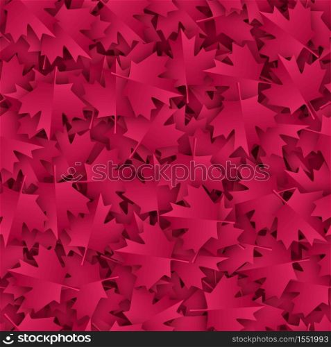 Maple seamless pattern paper cut illustration in burgundy color palette. Canada day july 1st celebration backdrop. Realistic vector background for posters, flyers, wallpapers, textile etc.. Maple seamless pattern paper cut illustration in burgundy color palette.