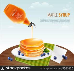 Maple Syrup Concept. Maple syrup concept with table pancakes and berries cartoon vector illustration