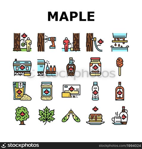 Maple Syrup Delicious Liquid Icons Set Vector. Sap For Collection, Equipment For Filtration And Bottling On Factory Conveyor Line. Tasty Sweet Ingredient For Pancake Color Illustrations. Maple Syrup Delicious Liquid Icons Set Vector