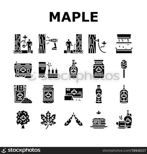 Maple Syrup Delicious Liquid Icons Set Vector. Sap For Collection, Equipment For Filtration And Bottling On Factory Conveyor. Tasty Sweet Ingredient For Pancake Glyph Pictograms Black Illustrations. Maple Syrup Delicious Liquid Icons Set Vector