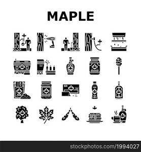 Maple Syrup Delicious Liquid Icons Set Vector. Sap For Collection, Equipment For Filtration And Bottling On Factory Conveyor. Tasty Sweet Ingredient For Pancake Glyph Pictograms Black Illustrations. Maple Syrup Delicious Liquid Icons Set Vector