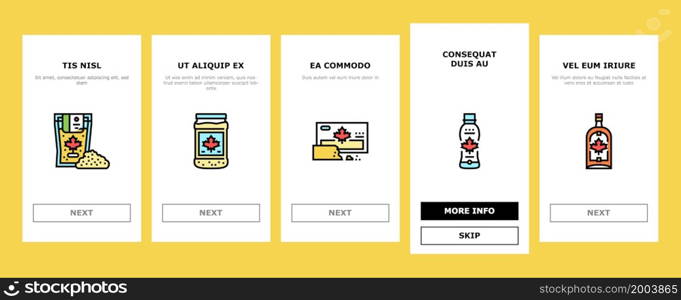 Maple Syrup Delicious Liquid Onboarding Mobile App Page Screen Vector. Sap For Collection, Equipment For Filtration And Bottling On Factory Conveyor. Tasty Sweet Ingredient For Pancake Illustrations. Maple Syrup Delicious Liquid Onboarding Icons Set Vector