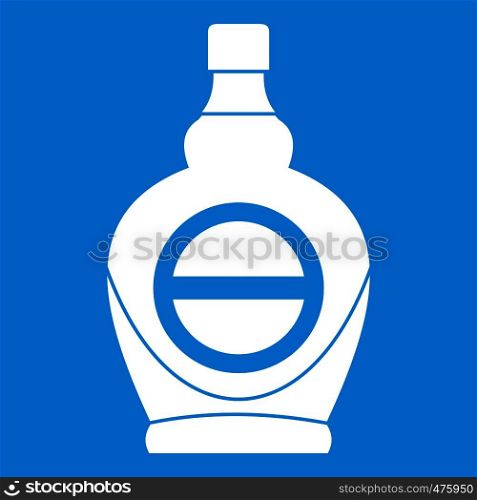 Maple syrup in glass bottle icon white isolated on blue background vector illustration. Maple syrup in glass bottle icon white