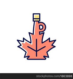 Maple syrup RGB color icon. Bottle of sweet sauce made of maple sap. Topping of golden color. Sirup for pancakes. Traditional canadian symbol. Isolated vector illustration. Simple filled line drawing. Maple syrup RGB color icon