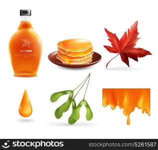 Maple Syrup Set. Maple syrup set with product in bottle, droplet, flowing nectar, leaf and seeds, pancakes isolated vector illustration