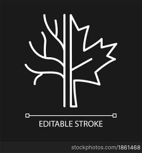 Maple tree white linear icon for dark theme. Official canadian emblem. Species of trees in Canada. Thin line customizable illustration. Isolated vector contour symbol for night mode. Editable stroke. Maple tree white linear icon for dark theme