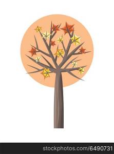 Maple Tree with Falling Leaves. Maple tree with falling leaves round icon. Tree forest, leaf tree isolated, tree branch, plant eco branch tree, organic natural wood illustration. Falling autumn leaves. Maple icon.