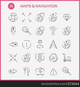 Maps And Navigation Hand Drawn Icon Pack For Designers And Developers. Icons Of Food, Fork, Kitchen, Knife, Tools, Arrow, Bearing, Direction, Vector