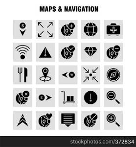 Maps And Navigation Solid Glyph Icon Pack For Designers And Developers. Icons Of Food, Fork, Kitchen, Knife, Tools, Arrow, Bearing, Direction, Vector