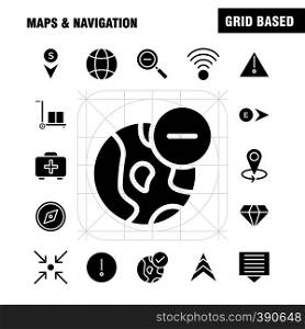 Maps And Navigation Solid Glyph Icon Pack For Designers And Developers. Icons Of Food, Fork, Kitchen, Knife, Tools, Arrow, Bearing, Direction, Vector