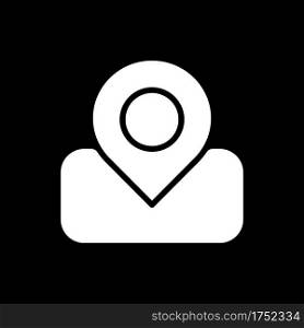 Maps app dark mode glyph icon. Location tracking. GPS navigation. Geo pointer. Road reports. Smartphone UI button. White silhouette symbol on black space. Vector isolated illustration. Maps app dark mode glyph icon
