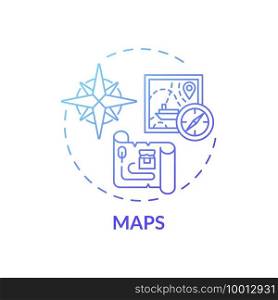 Maps concept icon. Online library catalogue idea thin line illustration. Assembling a variety of cards. Compilation of different maps. New technology. Vector isolated outline RGB color drawing.. Maps concept icon