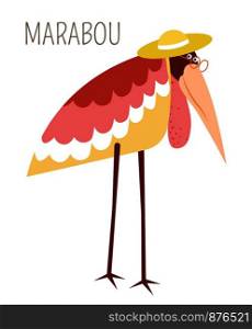 Marabou bird in straw hat childish book character. Stork with pink plumage in glasses and headdress on long legs. Wild humanized animal cartoon picture with species name isolated vector illustration.. Marabou bird in straw hat childish book character
