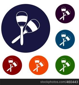 Maracas icons set in flat circle reb, blue and green color for web. Maracas icons set
