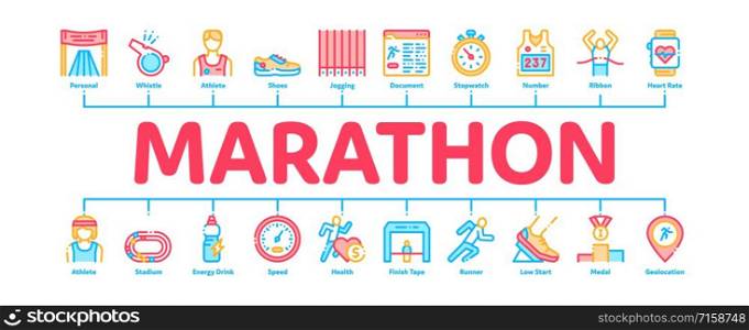 Marathon Minimal Infographic Web Banner Vector. Human Athlete Silhouette Running And Uniform, Sport Stadium For Marathon And Shoe Concept Illustrations. Marathon Minimal Infographic Banner Vector