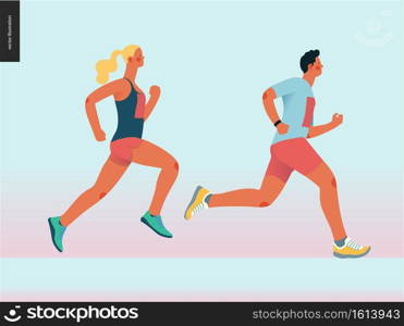 Marathon race group - flat modern vector concept illustration of running men and women wearing sportswer. Marathon race, 5k run, sprint. Creative landing page design template, web banner. Marathon race group