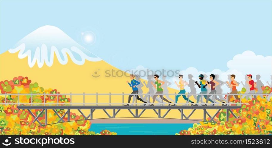 Marathon runner running on bridge in autumn landscape mountains with colors of leaves.healty life style cartoon Vector illustration.