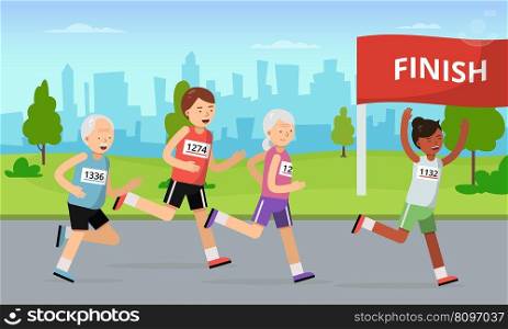 Marathon runners. sports outdoor activity male and female runner at finish line. Illustration of marathon sport and fitness active exercise. Marathon runners. sports outdoor activity male and female runner at finish line