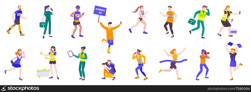 Marathon running sport set of isolated doodle style human characters with athletes doctors fans and supporters vector illustration