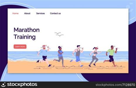 Marathon training landing page vector template. Sports training website interface idea with flat illustrations. Healthy lifestyle homepage layout. Running people web banner, webpage cartoon concept