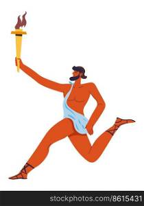 Marathon with Olympic flame torch bearing, isolated male character running. Man sprinter jogging, taking part in competition. Sportsman torchbearer in ancient Rome or Greece. Vector in flat style. Male character running with Olympic flame torch