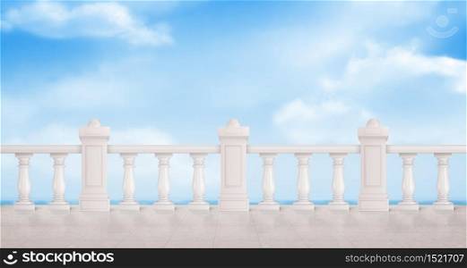 Marble balustrade on blue cloudy sky background. White balcony railing, handrails. Banister or fencing sections with decorative pillars. Balusters architecture design, Realistic 3d vector illustration. Marble balustrade on blue cloudy sky background