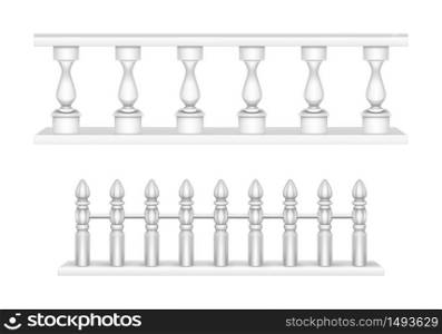 Marble balustrade, white balcony railing or handrails. Banister or fencing sections with decorative pillars. Panels balusters for architecture design isolated elements Realistic 3d vector illustration. Marble balustrade, balcony railing or handrails.