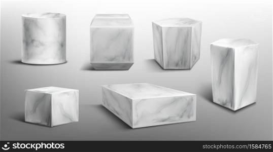 Marble pedestals or podium, abstract geometric empty museum stages, stone exhibit displays for award ceremony or product presentation. Gallery platform, blank product stands, Realistic 3d vector set. Marble pedestals or podium, abstract empty stages