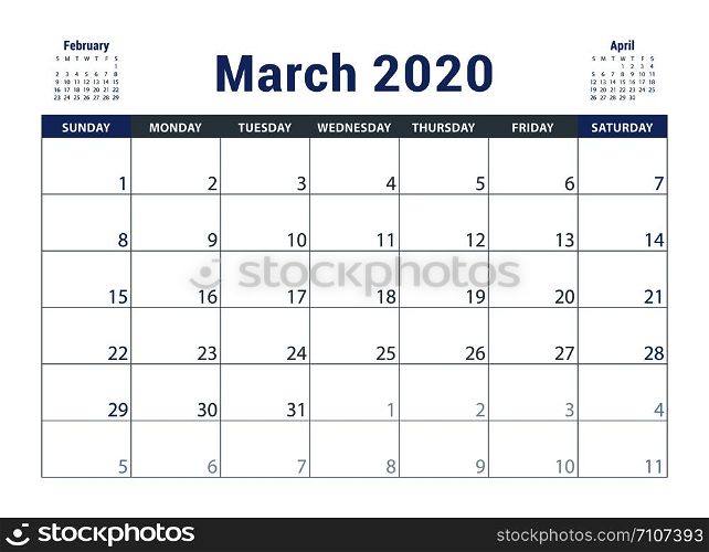 March 2020 calendar. English planner. ?olor vector template. Week starts on Sunday. Business planning. New year calender. Clean minimal table. Simple design