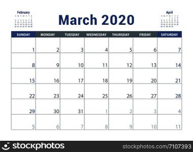 March 2020 calendar. English planner. ?olor vector template. Week starts on Sunday. Business planning. New year calender. Clean minimal table. Simple design