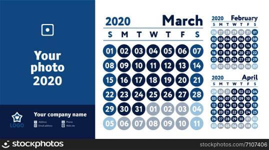 March 2020 calendar. New year planner design. English calender. Blue color vector template. Week starts on Sunday. Business planning.