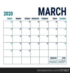 March 2020. Calendar planner. English calender template. Vector square grid. Office business planning. Creative design. Blue color