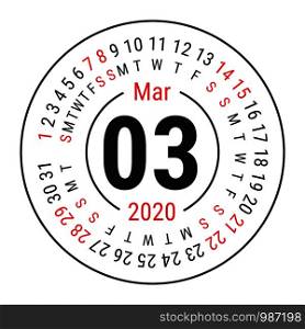 March 2020. Vector English ?alendar. Round calender. Week starts on Sunday. Design template. Circle. Third month