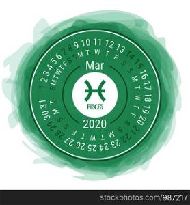 March 2020. Vector English ?alendar. Zodiac sign. Pisces. Astrological symbol. Zodiacal color vector horoscope. Watercolor kid's sketch doodle style. Hand drawn frame. Round calender. Smoky circle