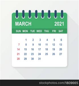 March 2021 Calendar Leaf. Calendar 2021 in flat style. Vector illustration. March 2021 Calendar Leaf. Calendar 2021 in flat style. Vector illustration.
