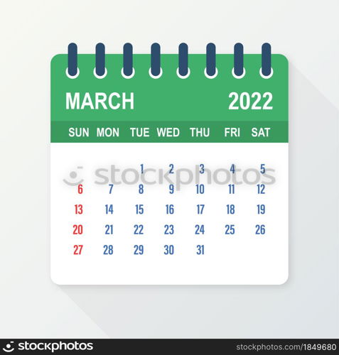 March 2022 Calendar Leaf. Calendar 2022 in flat style. Vector illustration. March 2022 Calendar Leaf. Calendar 2022 in flat style. Vector illustration.