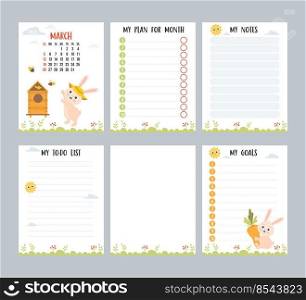 March 2023. Calendar with cute bunny beekeeper in apiary with bees. Vector set vertical page templates planner, to-do list, my plan and notes. Week from Sunday in English. Chinese year rabbit
