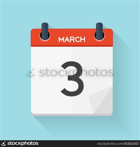 March 3 Calendar Flat Daily Icon. Vector Illustration Emblem. Element of Design for Decoration Office Documents and Applications. Logo of Day, Date, Time, Month and Holiday. EPS10. March 3 Calendar Flat Daily Icon. Vector Illustration Emblem. El