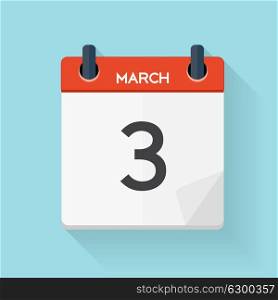 March 3 Calendar Flat Daily Icon. Vector Illustration Emblem. Element of Design for Decoration Office Documents and Applications. Logo of Day, Date, Time, Month and Holiday. EPS10. March 3 Calendar Flat Daily Icon. Vector Illustration Emblem. El