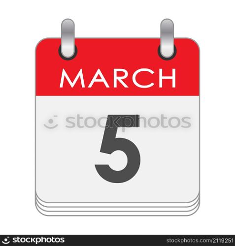 MARCH 5. A leaf of the flip calendar with the date of MARCH 5. Flat style.