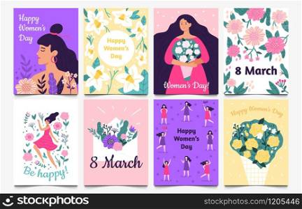 March 8 cards. Lady with flowers, International Womens Day and Be happy greetings card vector set. Bundle of decorative poster or postcard templates with blooming spring flowers, cute girls, wishes.. March 8 cards. Lady with flowers, International Womens Day and Be happy greetings card vector set