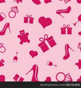 March 8 characters. Seamless pattern. Heart, ring, shoes, gift