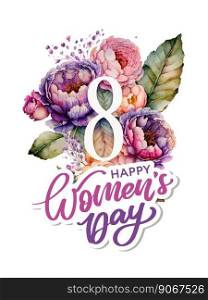 March 8 Happy womans day watercolor lettering greeting card. Vector illustration EPS10. March 8 Happy womens day watercolor flowers lettering greeting card. Vector illustration