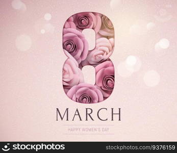 March 8 Happy women’s day template with paper roses on bokeh effect. March 8 Happy women’s day