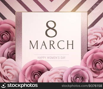 March 8 Happy women’s day with paper roses on striped background, 3d illustration. March 8 Happy women’s day