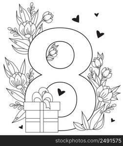 March 8. Holiday card for International Women's Day. Number eight, a bouquet of flowers, hearts and leaves, a box with a gift. Vector. Decorative drawing, black line, outline